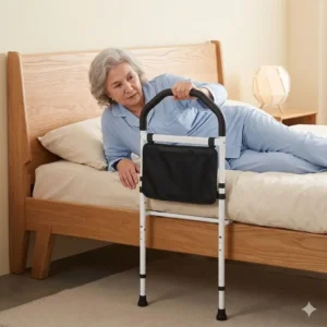 An elderly woman is using her bed rail support