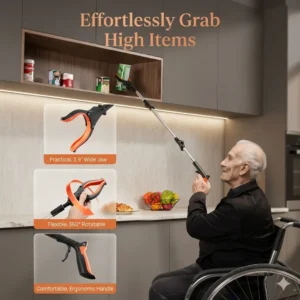 An elderly man is happily using his grabber tool