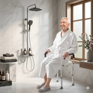 An elderly man happily seats on his shower chair