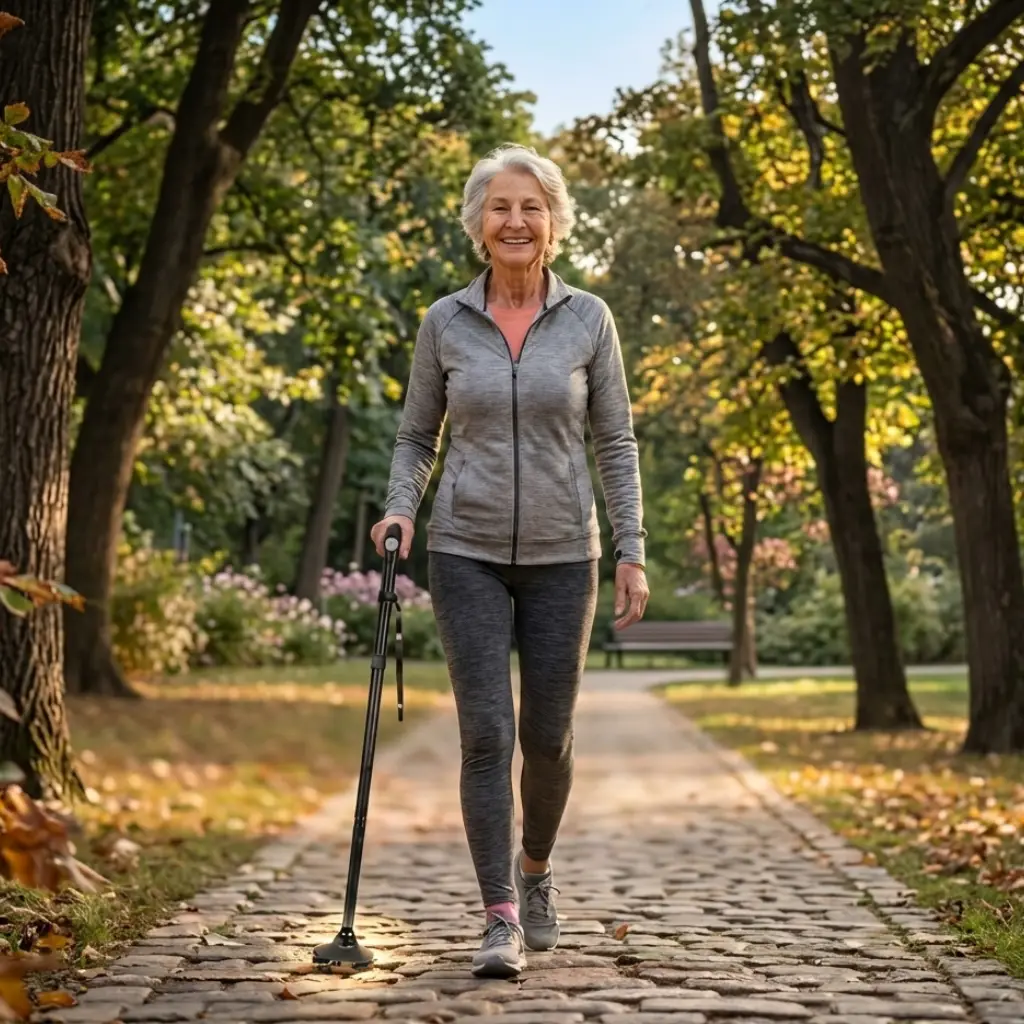 an elderly woman is walking in the park with her 360 All-Terrain Steady-Cane