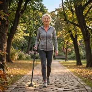 An elderly woman is happily walking in the park with her steady cane