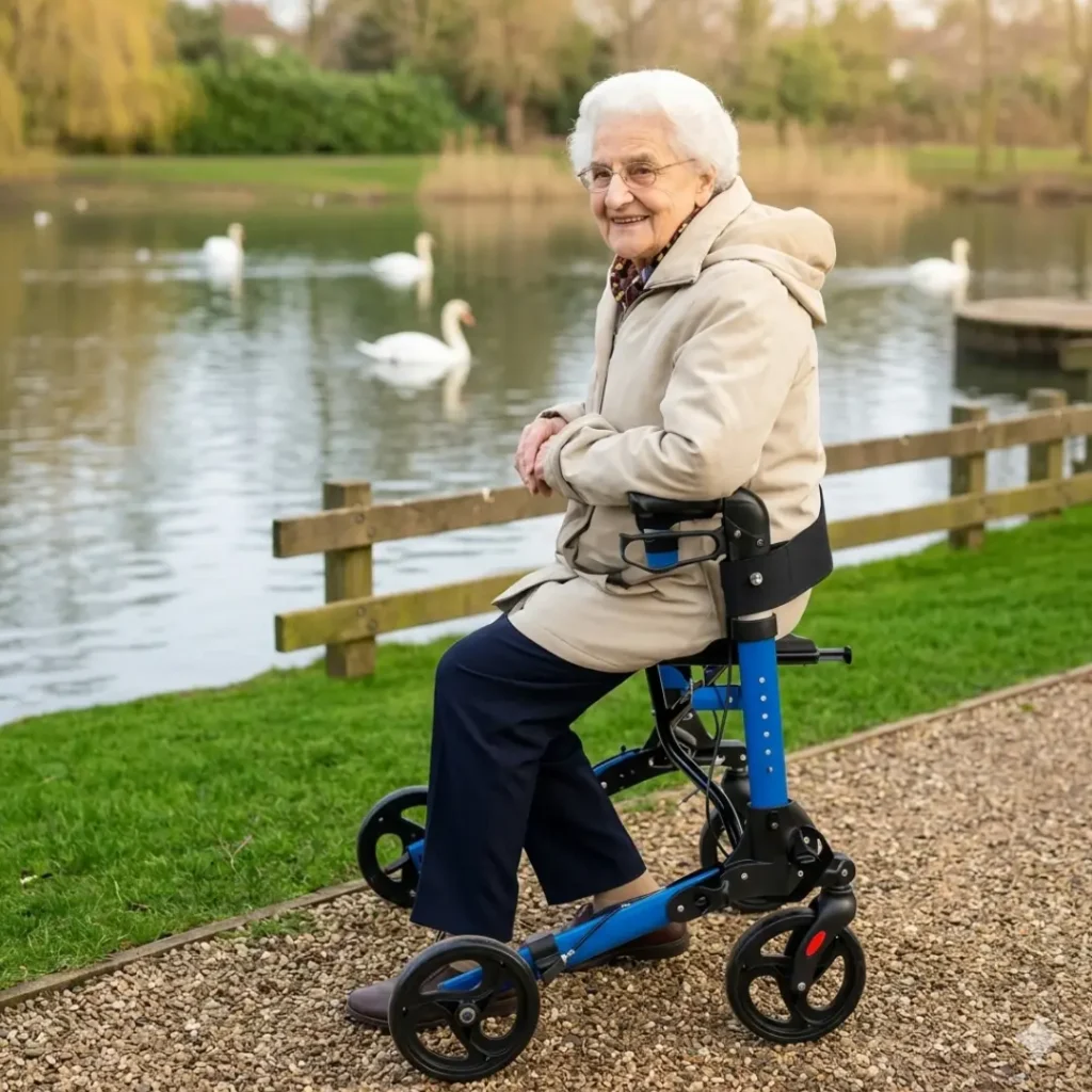 An elderly woman is seating on a foldable walker with seat