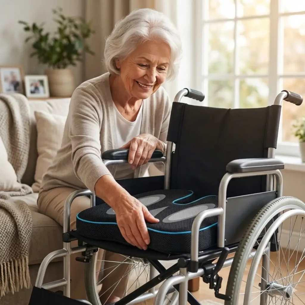 An elderly woman is putting an orthopedic seat cushion on her wheel chair