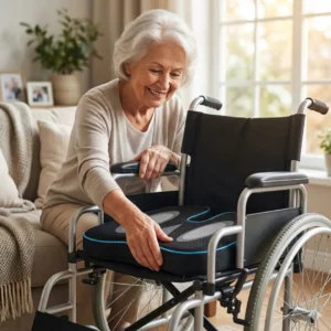 An elderly woman is putting an orthopedic seat cushion on her wheel chair